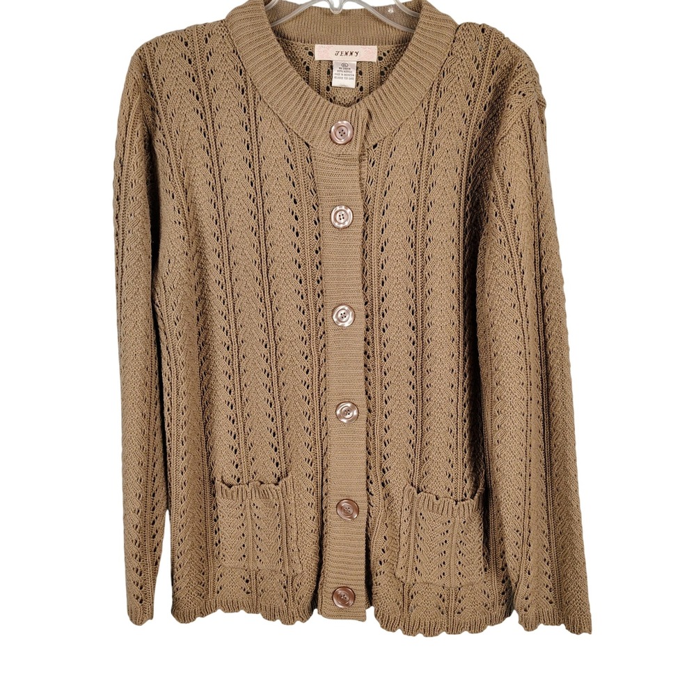 NWT Womens XL Jenny Pointelle Knit Cardigan Tan Brown Grandmacore Cottagecore
